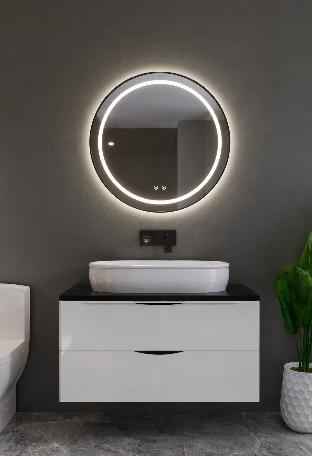 VUELUXE VLFR-01 — round LED bathroom mirror with brushed black aluminum frame, warm halo backlight glow against a soft warm paper backdrop