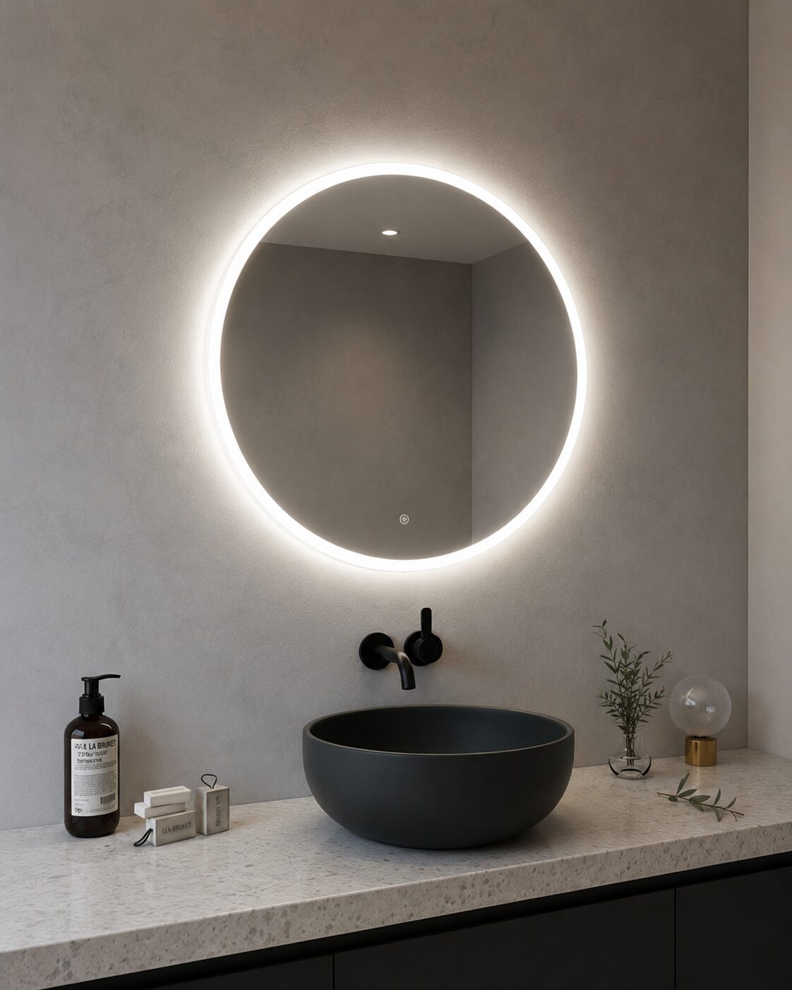 VUELUXE VLM-02 — round LED bathroom mirror, sandblasting, front and back light, dimmable 2700-6500K, touch sensor, demister