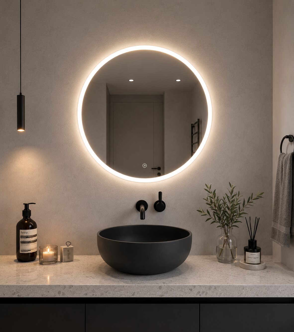VLM-02 round LED mirror — paper backdrop