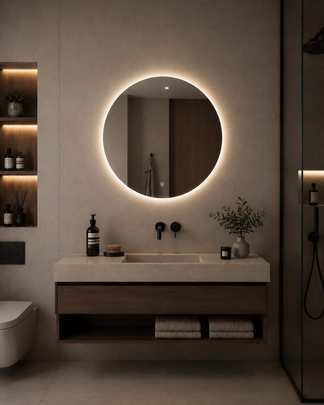 VUELUXE VLM-04 — round LED bathroom mirror, acrylic diffuser, back lighting only, dimmable, touch sensor