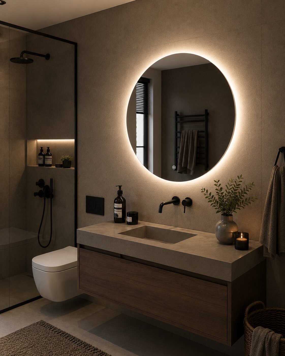 VLM-04 large round LED mirror — ink backdrop