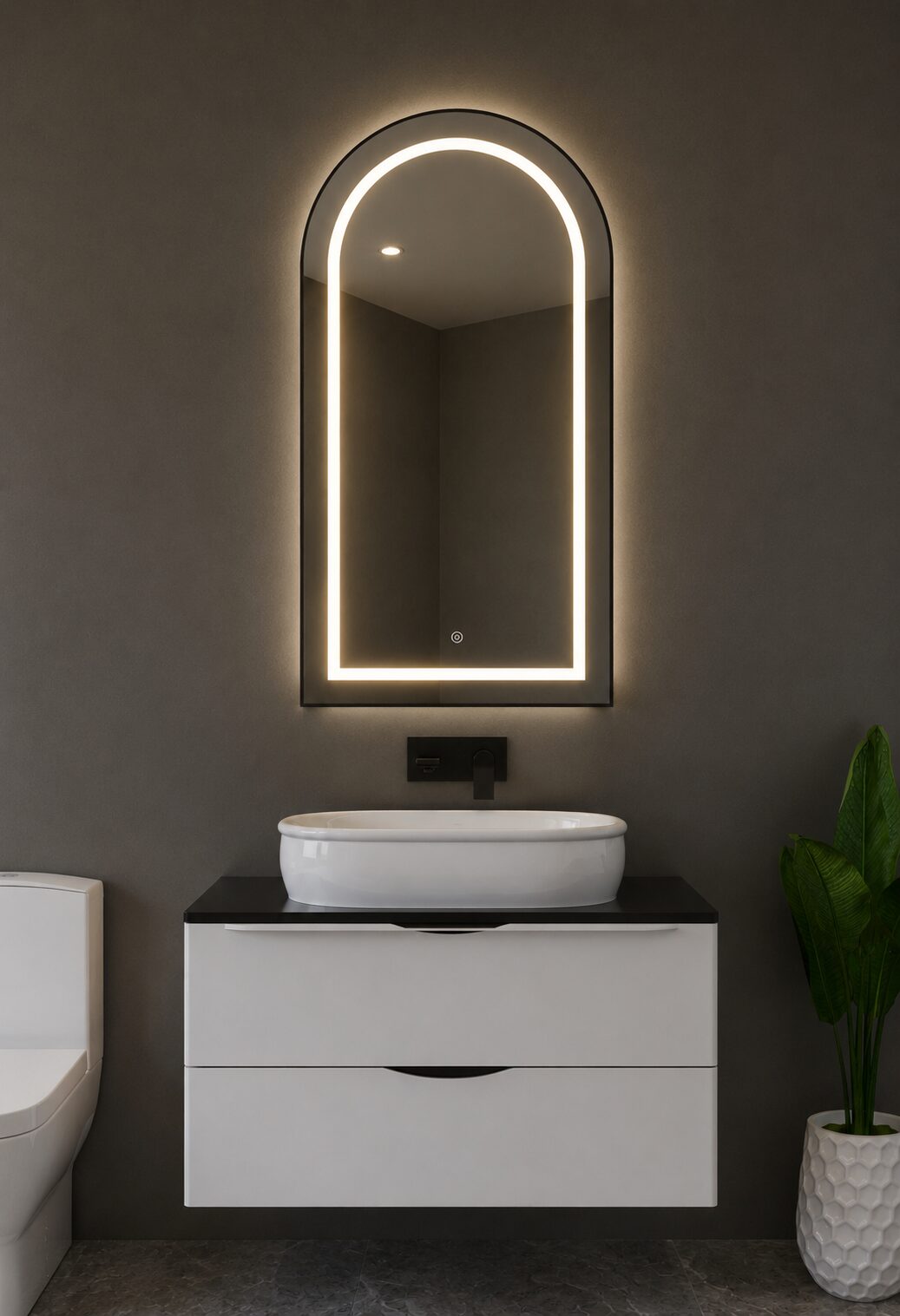 VUELUXE VLM-07 — arch-shape LED bathroom mirror, brushed gold or matt black aluminum frame, front lighting