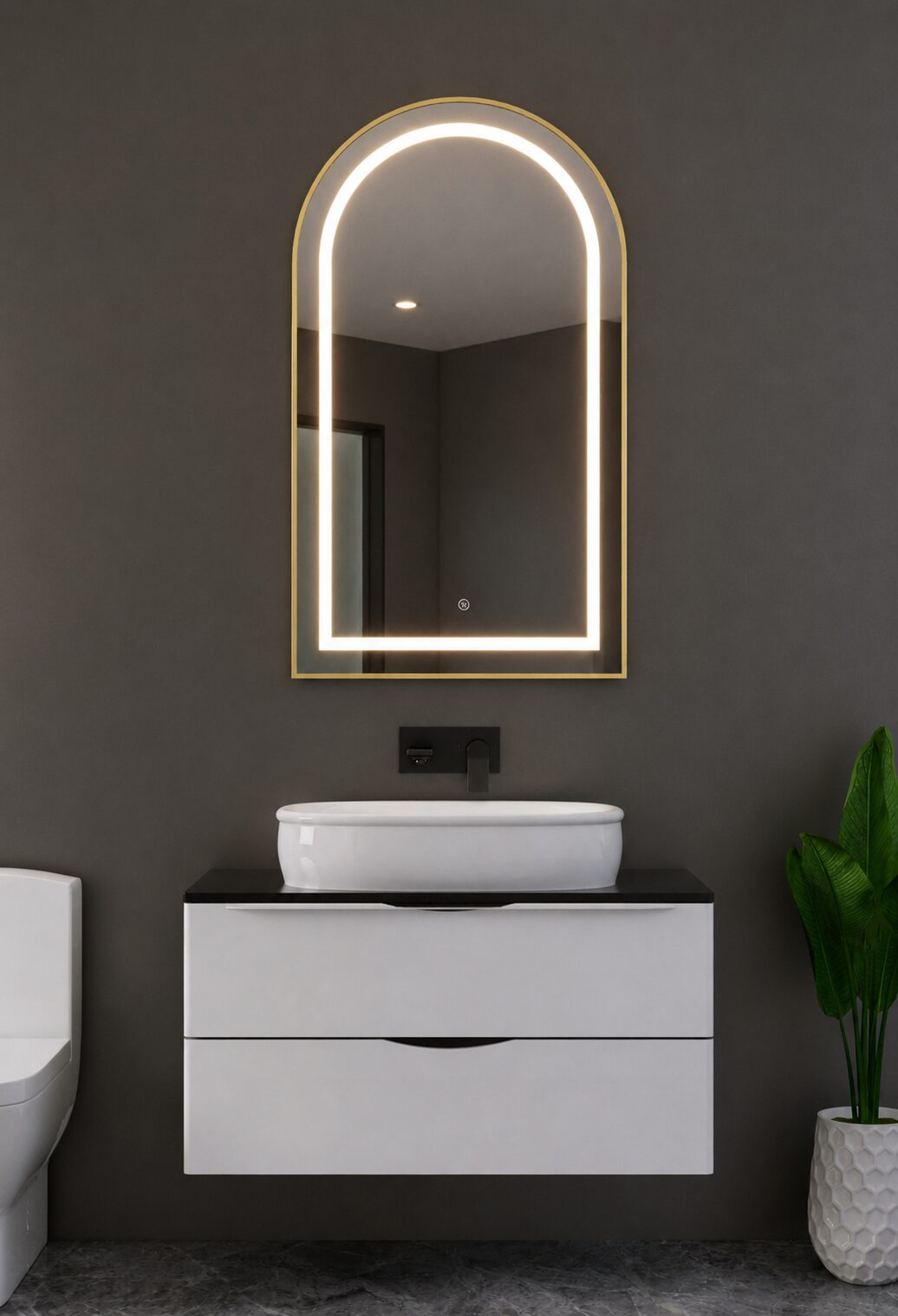 VUELUXE VLM-08 — arch LED bathroom mirror, brushed gold aluminium frame, warm inner light track