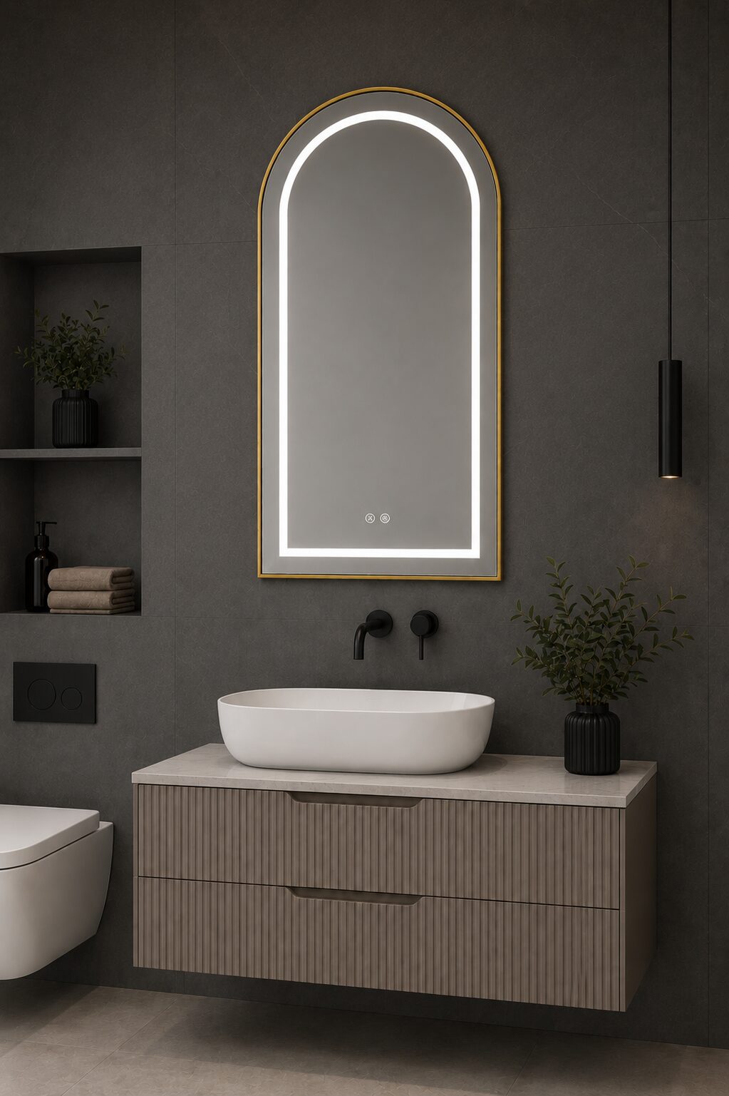 VLM-08 arch LED mirror — brushed gold frame, paper backdrop